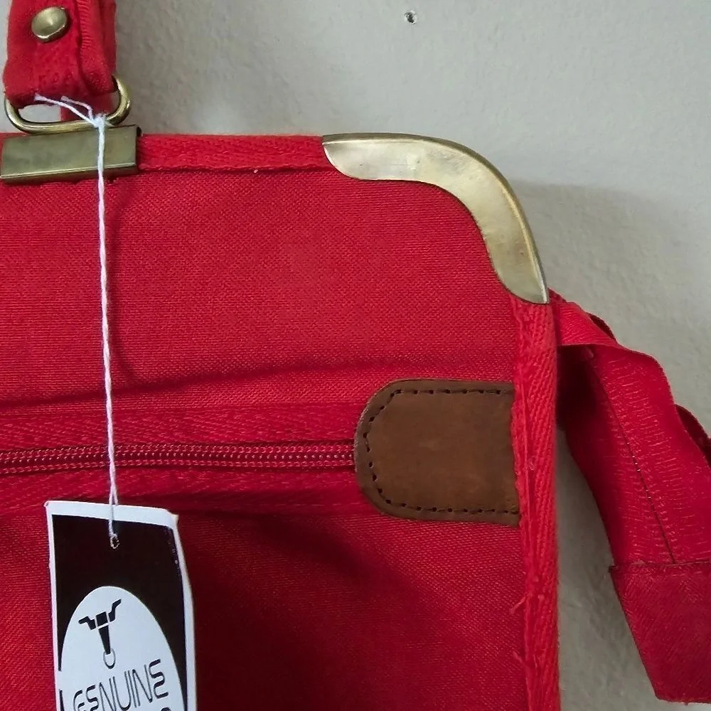Holiday Fair  Red Canvas Briefcase Genuine‎ Leather Trim Vintage